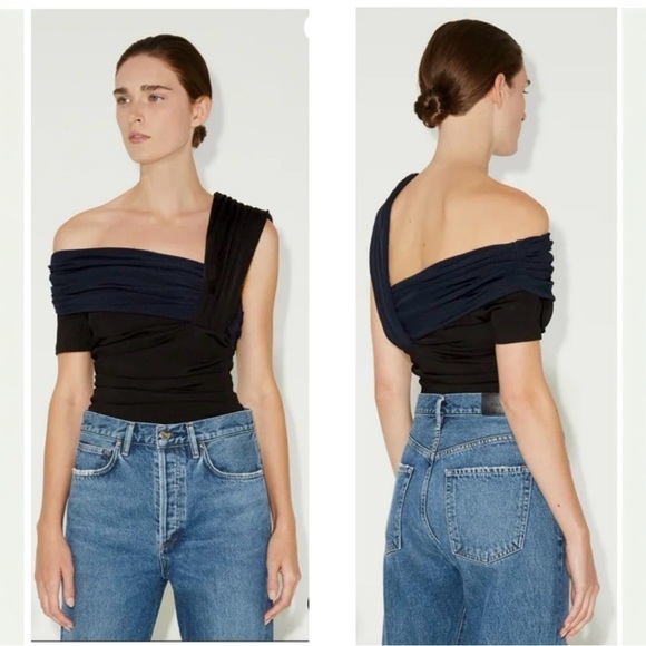 Goldsign Gelsey One-Shoulder Off the Shoulder 2-tone Ribbed Bodysuit Small NEW - Picture 2 of 16